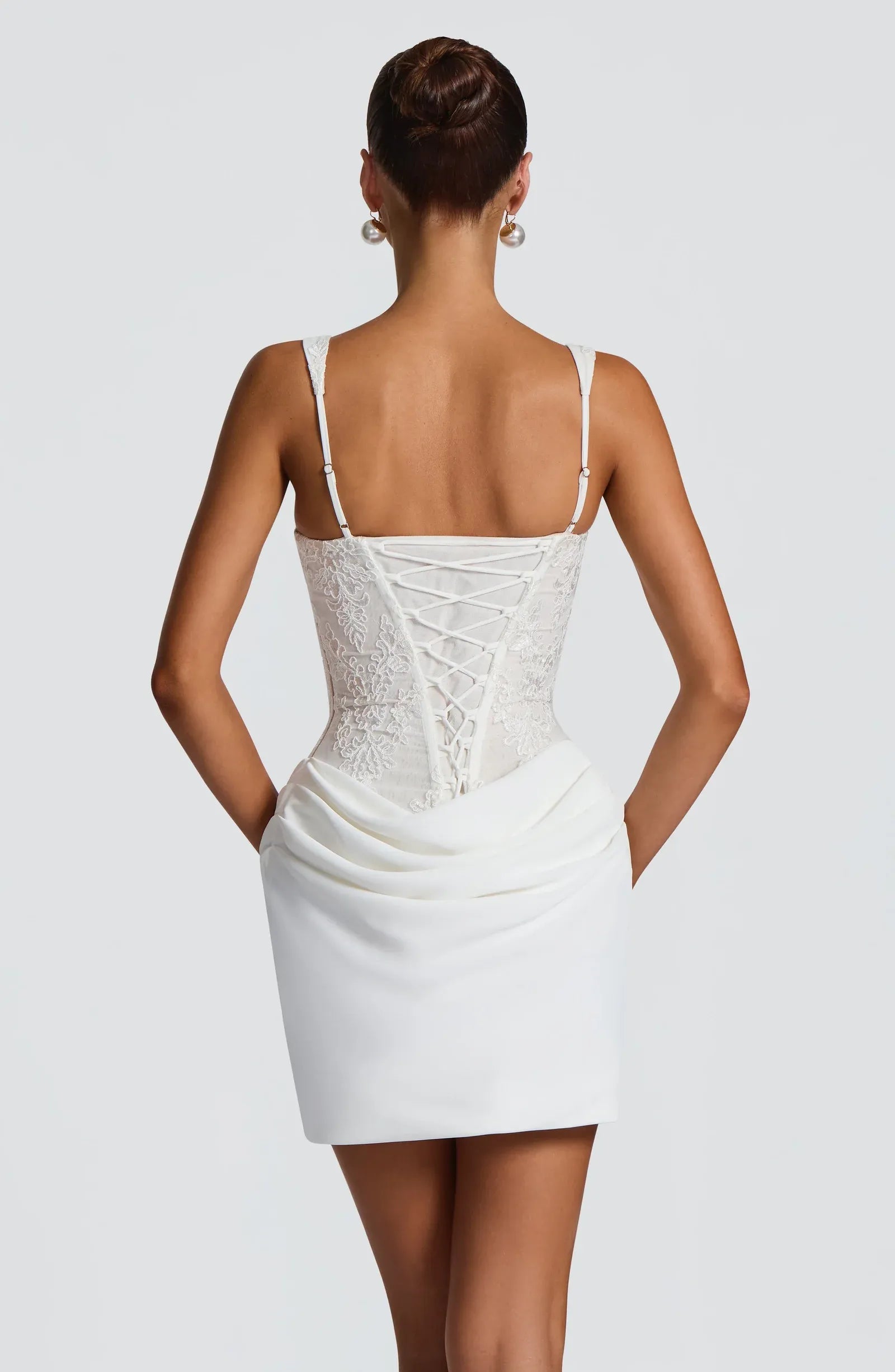 Stylish Sweetheart Corset Draped Ruched Lace Ivory Mini Homecoming Dress