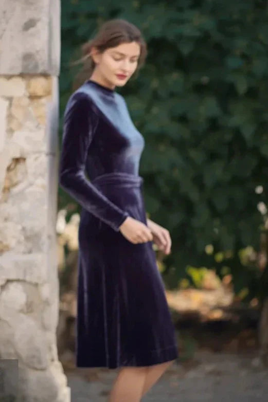 Stylish Velvet Dress Long Sleeves Turtleneck Self-Tie Belt Spring Fall Fashion Plus Size Gowns Prom Dress