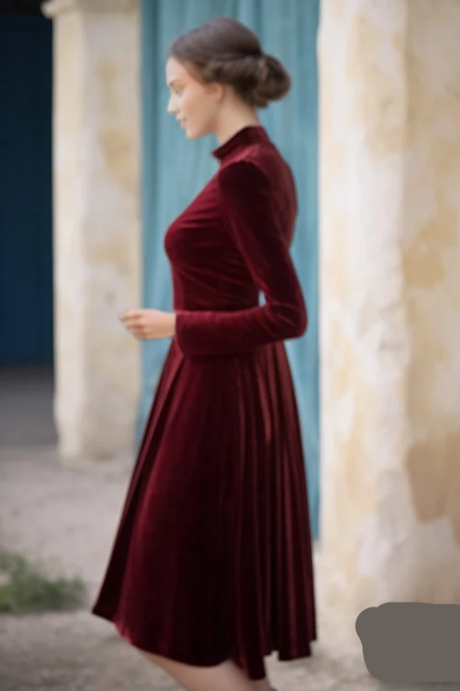 Burgundy Stylish Velvet Dress Long Sleeves Turtleneck Self-Tie Belt Spring Fall Fashion Plus Size Gowns Prom Dress