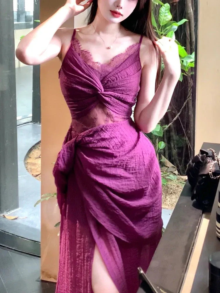 Sultry Fitted V-Neck Sleeveless Ruched Plum Midi Prom Dress for Women Ready to Ship