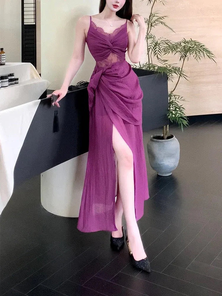 Sultry Fitted V-Neck Sleeveless Ruched Plum Midi Prom Dress for Women Ready to Ship