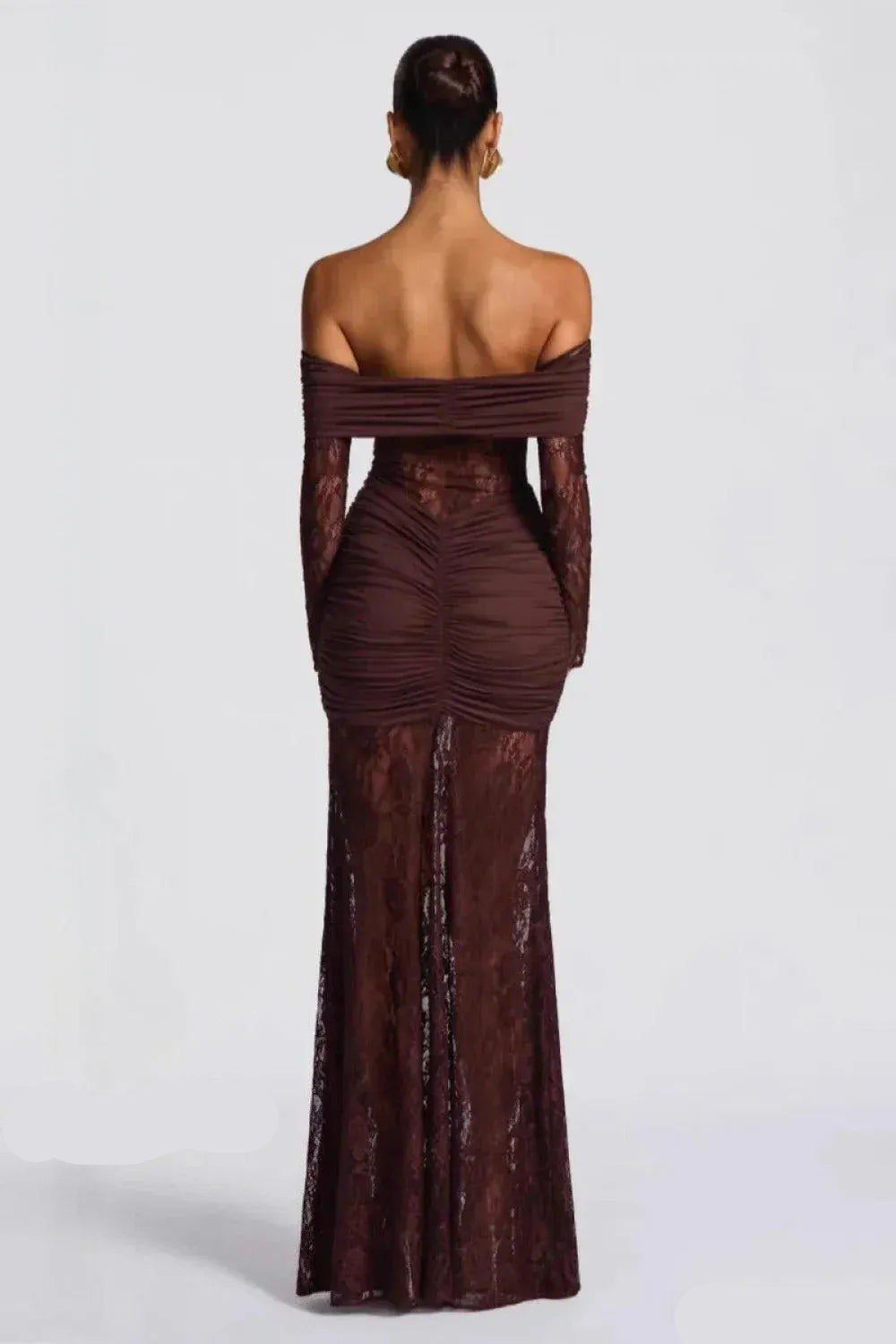 Sultry Lace Ruched Floor-Length Evening Dress Chocolate Off-Shoulder Long-Sleeve for Women