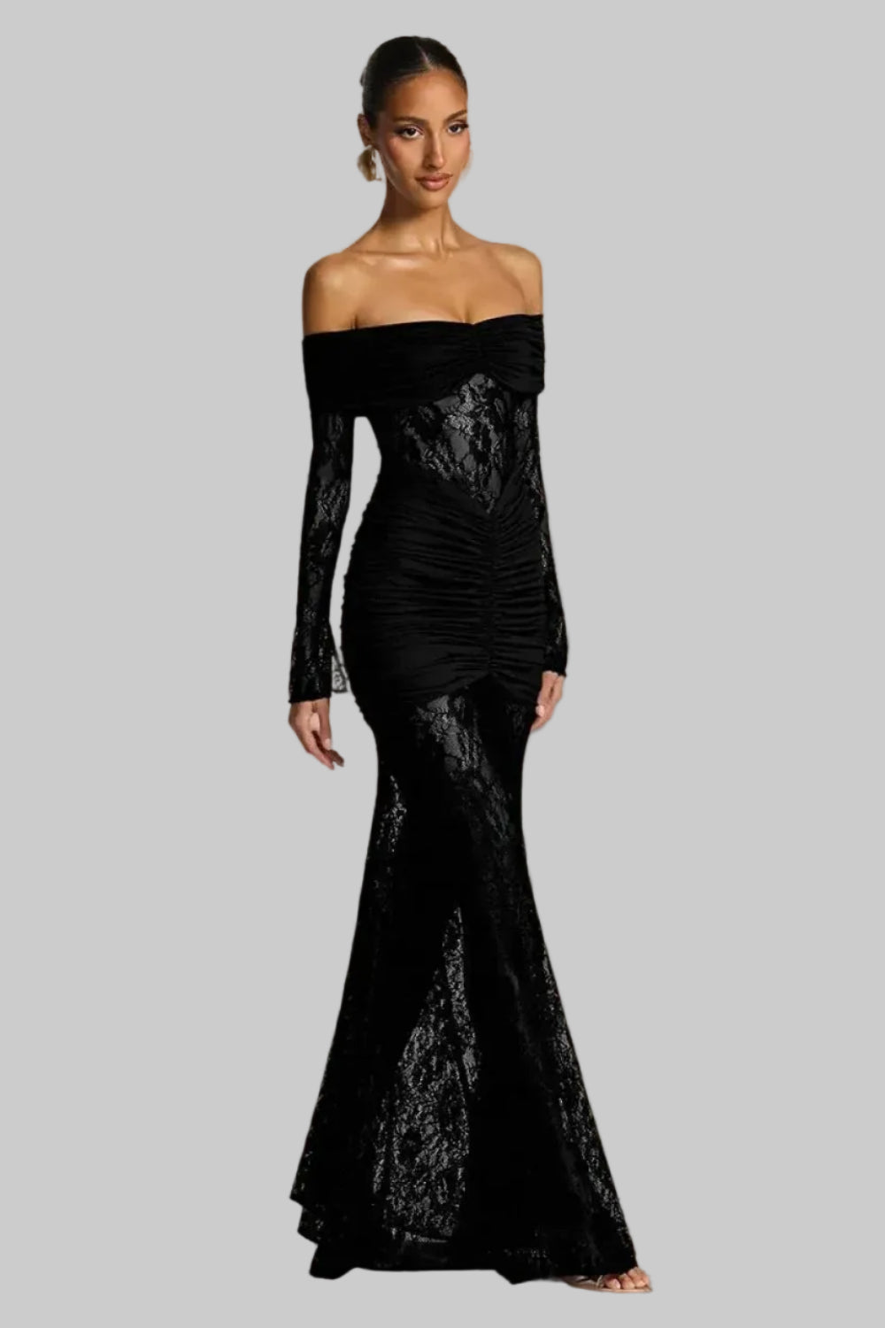 Sultry Lace Ruched Floor-Length Evening Dress Chocolate Off-Shoulder Long-Sleeve for Women