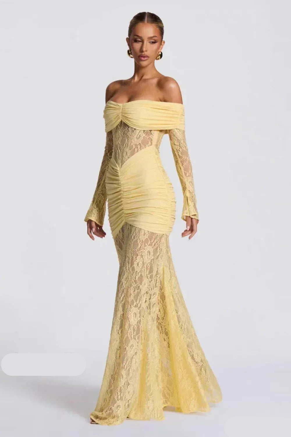Sultry Lace Ruched Floor-Length Evening Dress Chocolate Off-Shoulder Long-Sleeve for Women