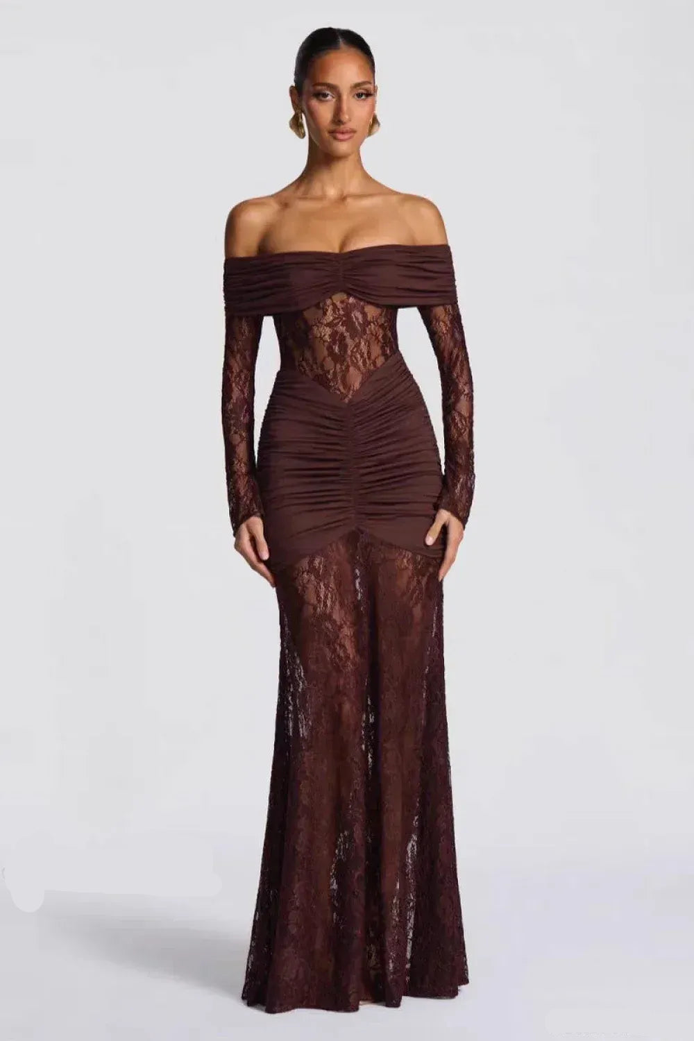 Sultry Lace Ruched Floor-Length Evening Dress Chocolate Off-Shoulder Long-Sleeve for Women
