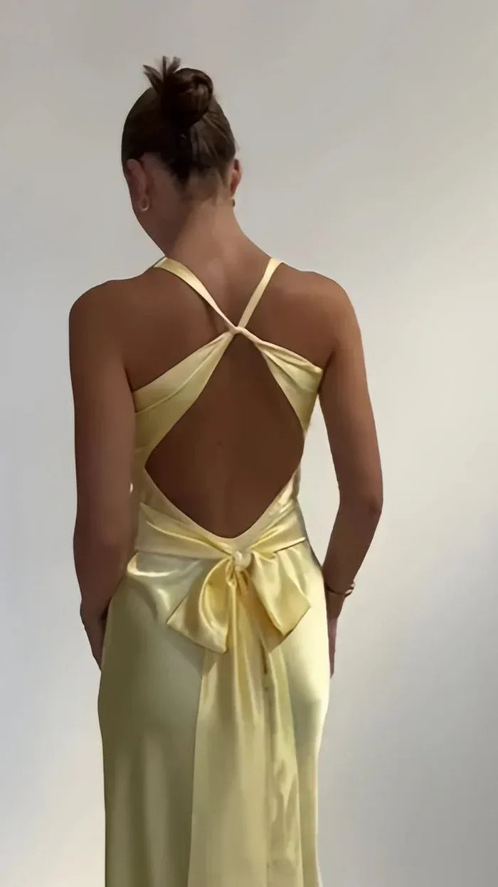 Sunny Satin Long Evening Dress Yellow Halter-Neck Sleeveless Party Gown for Women