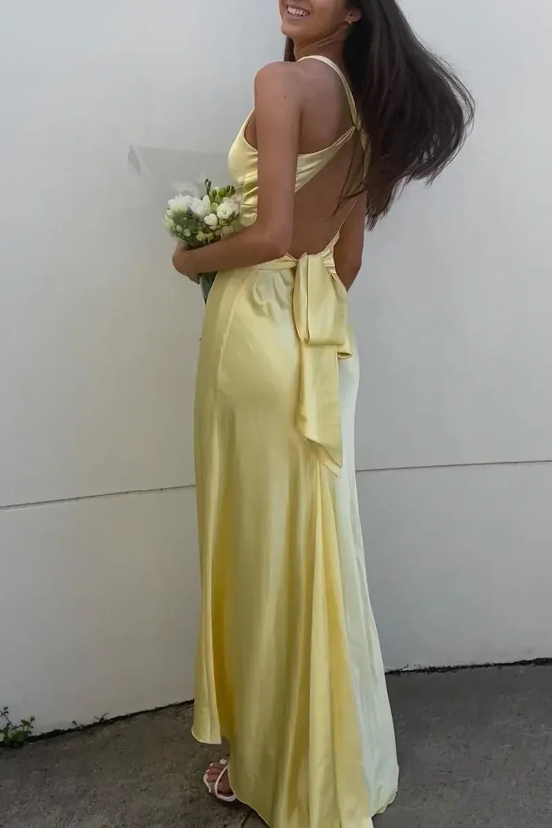 Sunny Satin Long Evening Dress Yellow Halter-Neck Sleeveless Party Gown for Women