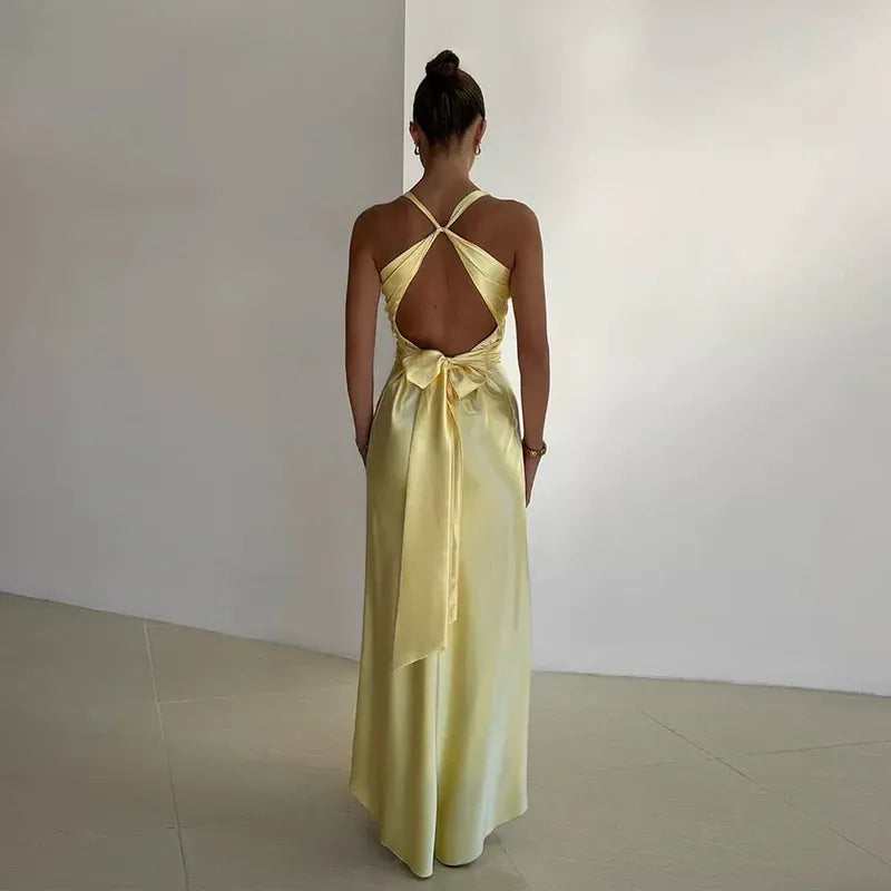 Sunny Satin Long Evening Dress Yellow Halter-Neck Sleeveless Party Gown for Women