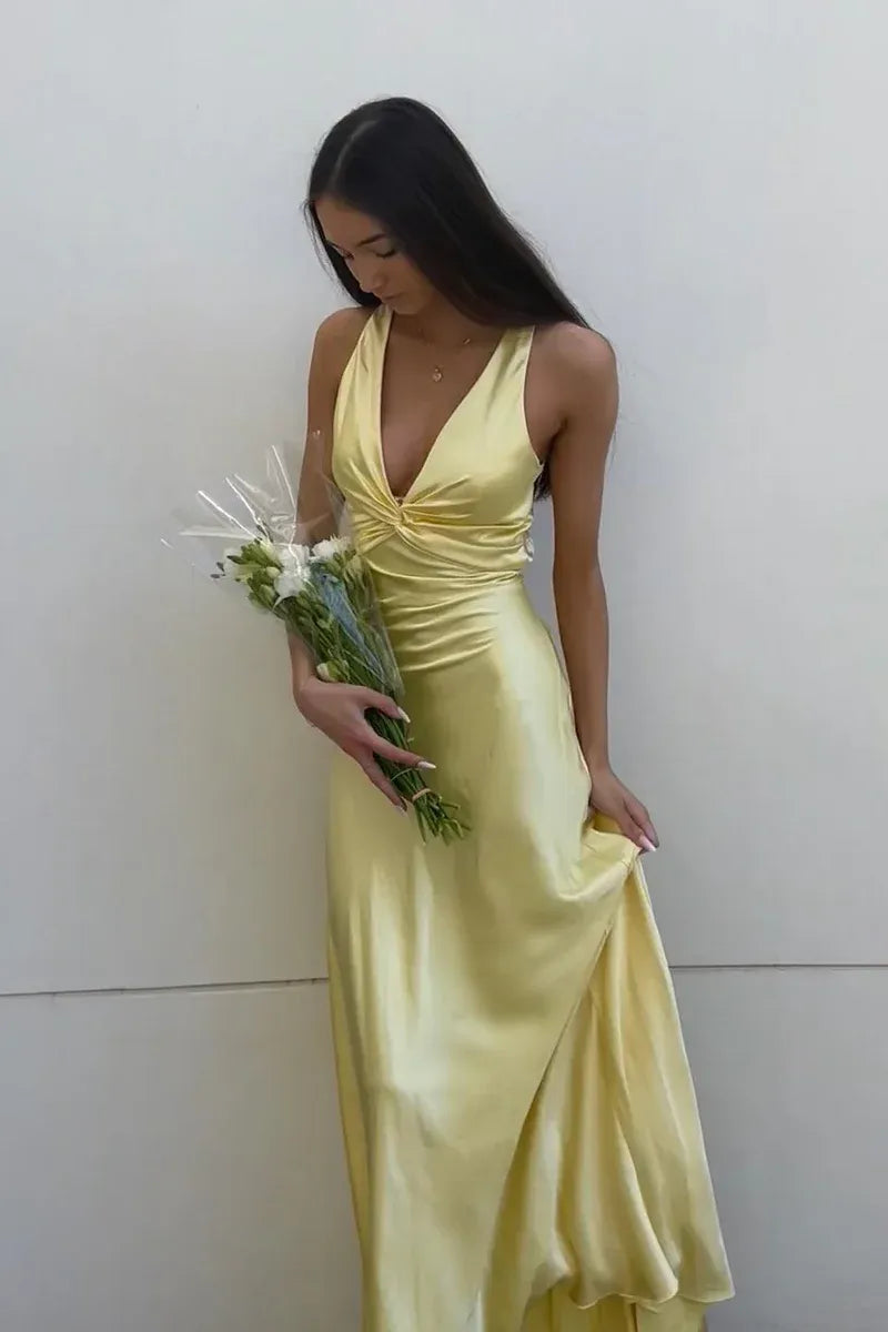 Sunny Satin Long Evening Dress Yellow Halter-Neck Sleeveless Party Gown for Women
