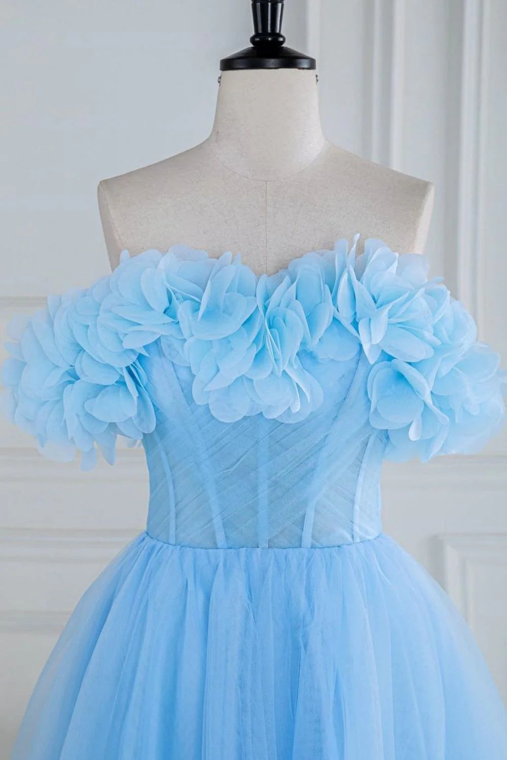 Sweet A-Line Strapless 3D Flowers Corset Tulle Blue Prom Dress