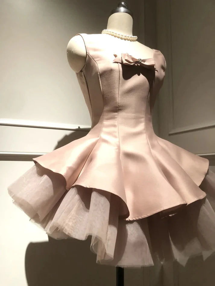 Sweet A-line Round Neck Bow Tulle Satin Pink Short Party Dress