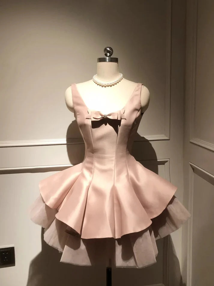 Sweet A-line Round Neck Bow Tulle Satin Pink Short Party Dress