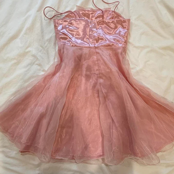 Sweet A-line Spaghetti Straps Satin Tulle Pink Short Party Dress For Ladies