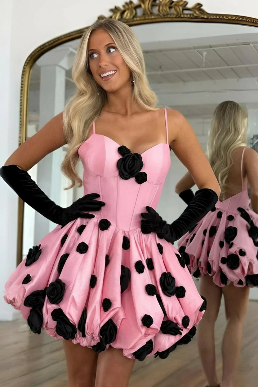 Sweet A Line Spaghetti Straps 3D Flowers Backless Pink Short Homecoming Dress