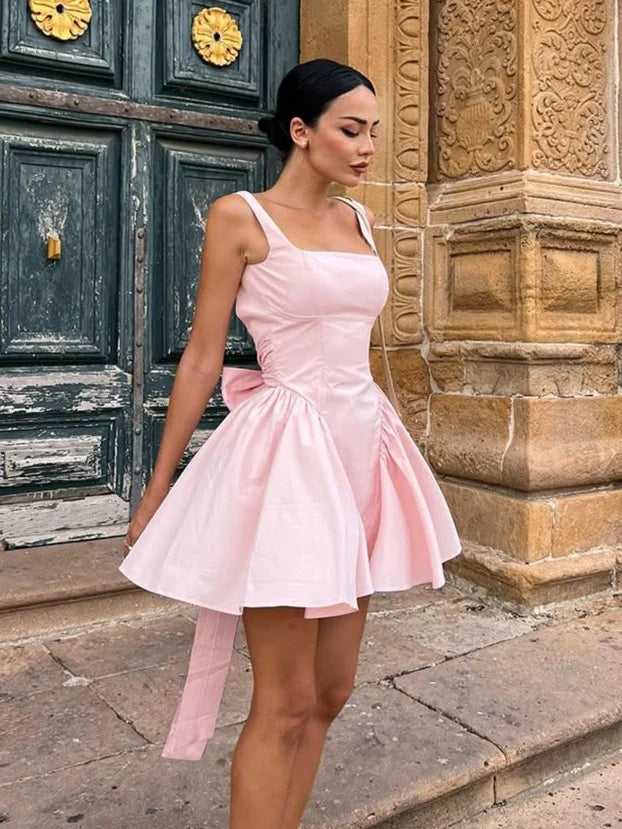 Sweet A Line Square Neck Pink Short Homecoming Dress With Back Tie Bow
