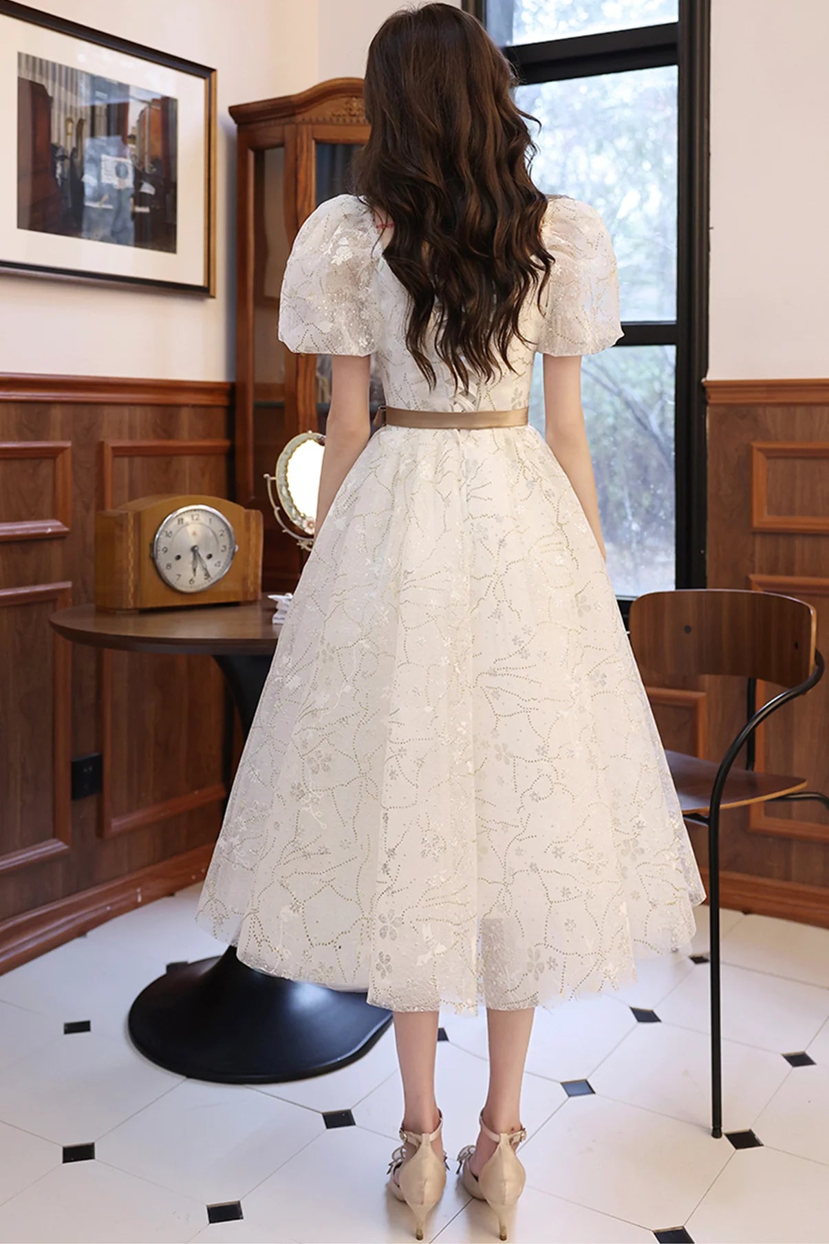 Sweet A Line V Neck Short Sleeves Floral Sequins Midi Prom Dress