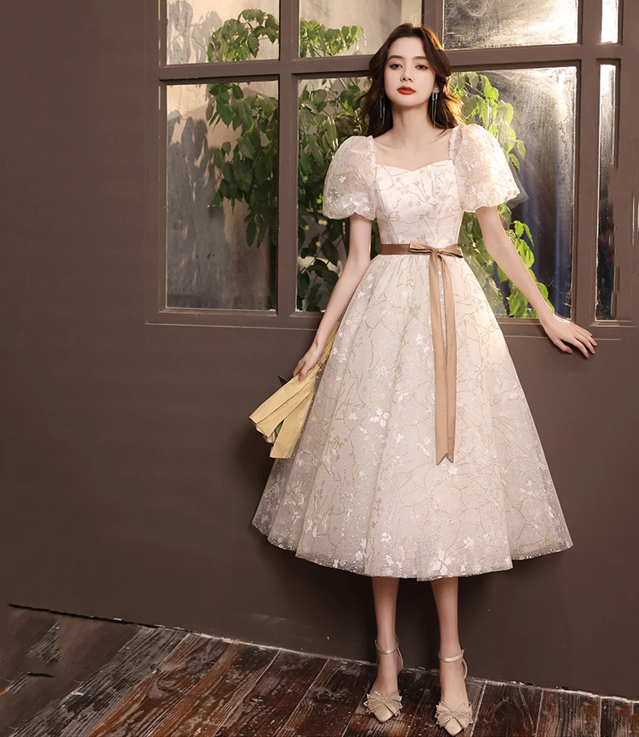 Sweet A Line V Neck Short Sleeves Floral Sequins Midi Prom Dress