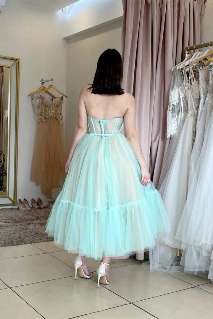 Sweet A line Sweetheart Corset Tulle Blue Long Prom Dress For Ladies