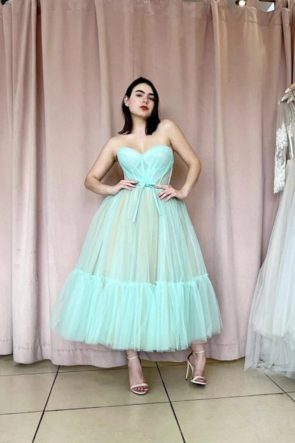 Sweet A line Sweetheart Corset Tulle Blue Long Prom Dress For Ladies