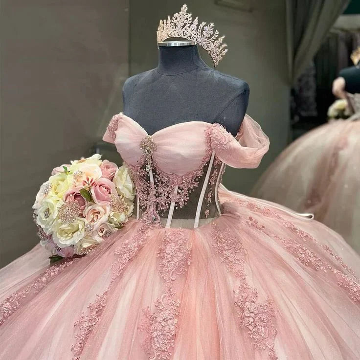 Sweet Ball Gown Off The Shoulder Appliques Lace Tulle Pink Prom Dress