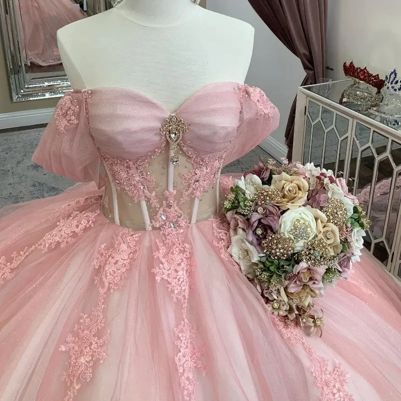 Sweet Ball Gown Off The Shoulder Appliques Lace Tulle Pink Prom Dress