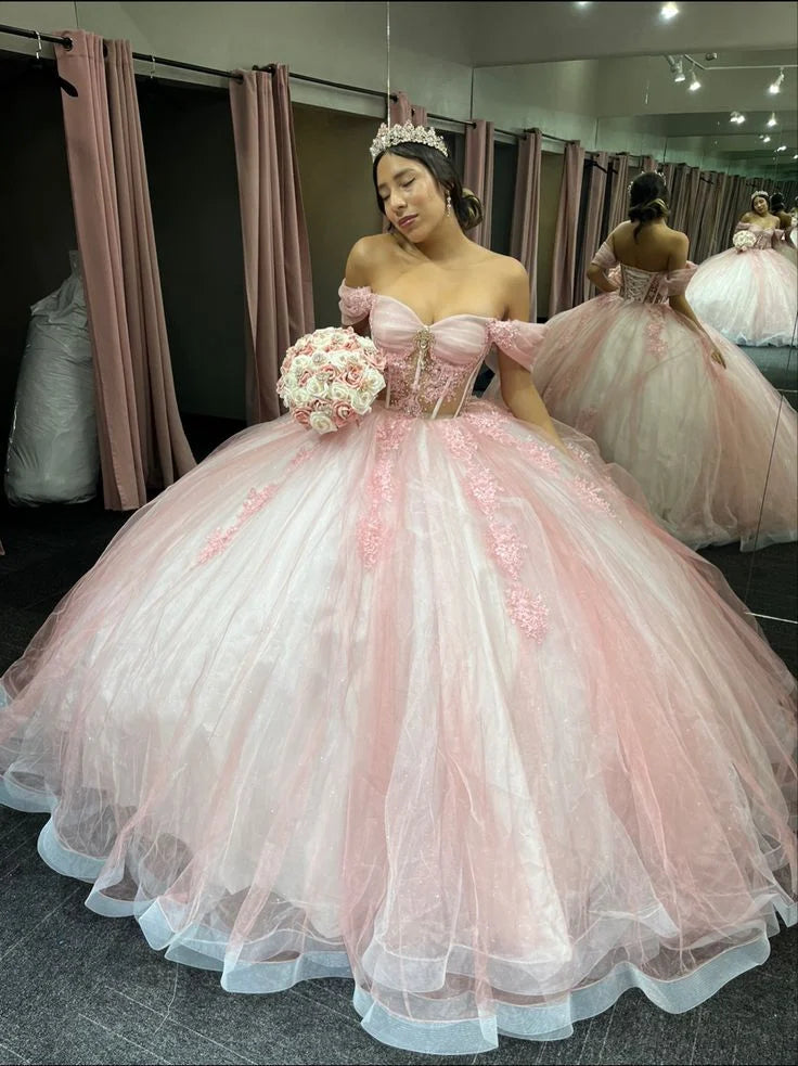 Sweet Ball Gown Off The Shoulder Appliques Lace Tulle Pink Prom Dress