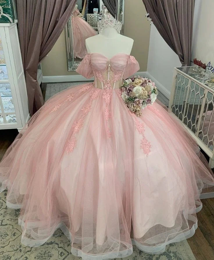 Sweet Ball Gown Off The Shoulder Appliques Lace Tulle Pink Prom Dress
