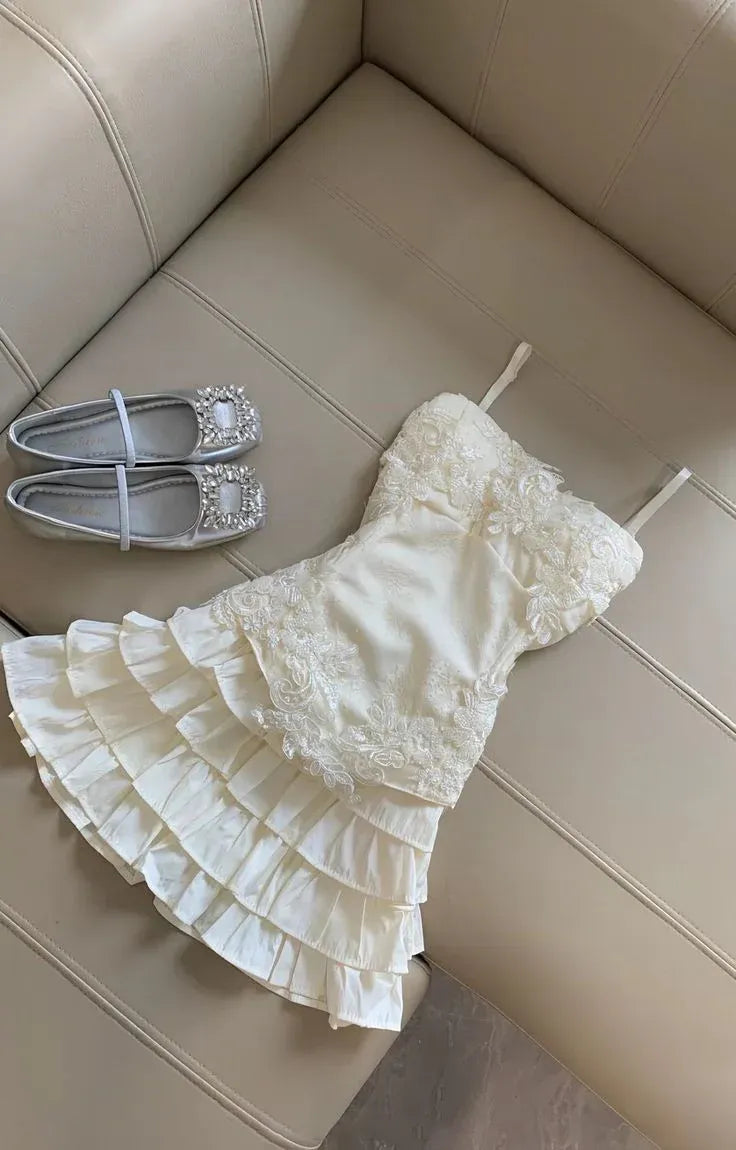Sweet Fit-and-Flare Strapless Short Sleeve Lace Ruffled Ivory Mini Prom Dress