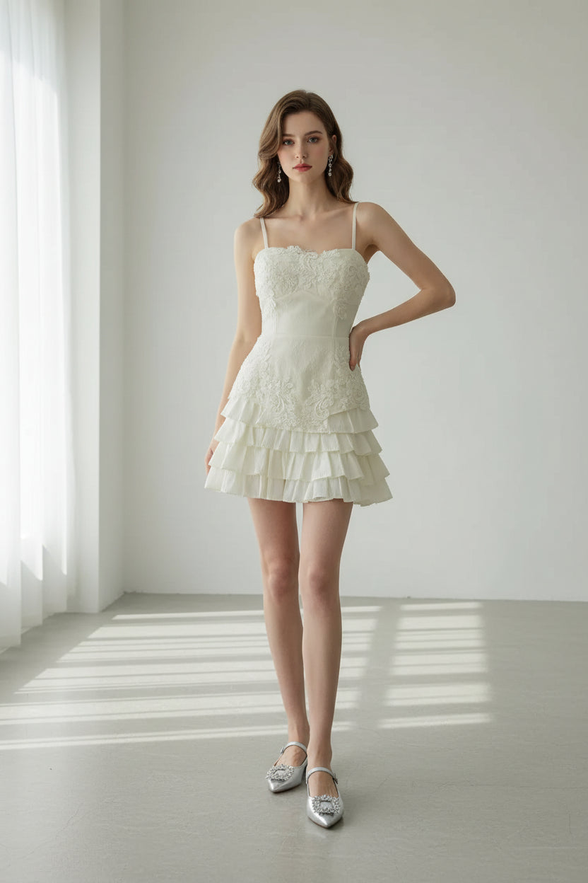 Sweet Fit-and-Flare Strapless Short Sleeve Lace Ruffled Ivory Mini Prom Dress