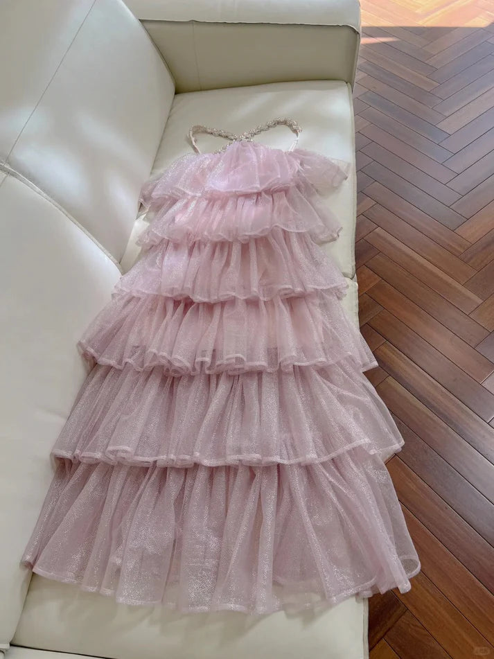 Sweet Rhinestone Straps Tiered Light Pink Long Party Dress Prom Dress