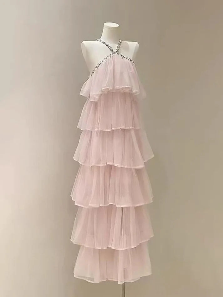 Sweet Rhinestone Straps Tiered Light Pink Long Party Dress Prom Dress
