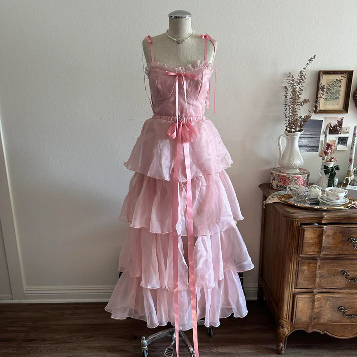Sweet Spaghetti Strap Ruffle Tiered Tulle Satin Pink Long Party Dress