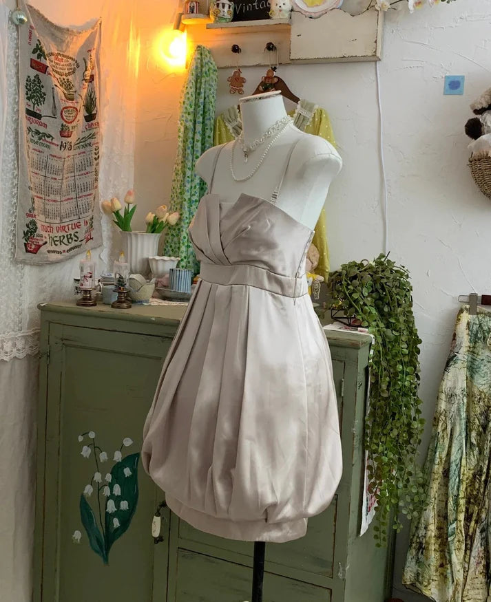 Sweet Spaghetti Straps Pleated Satin Champagne Short Party Dress Custom