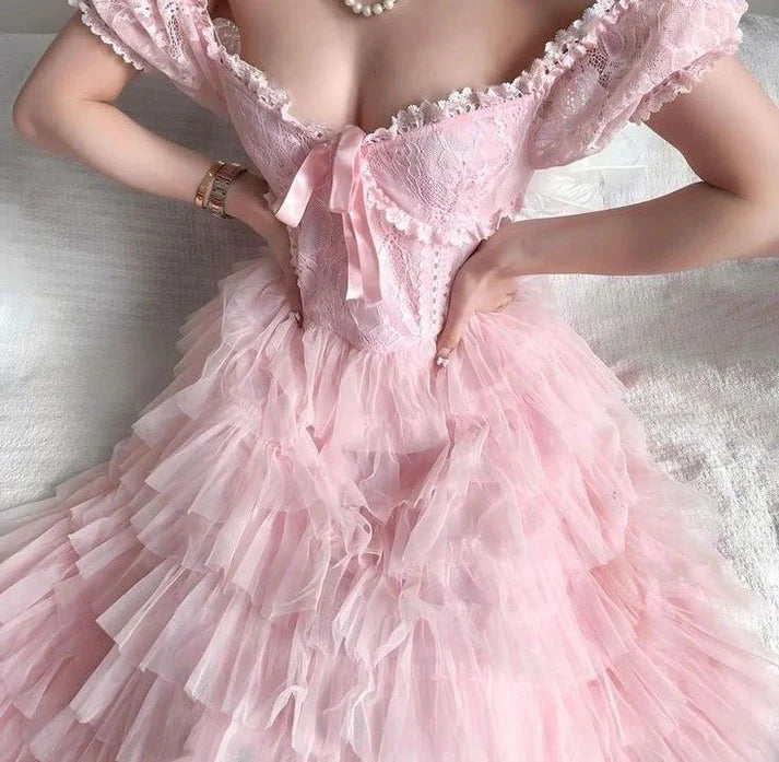 Sweet V Neck Short Sleeves Layered Tulle Lace Pink Long Party Dress