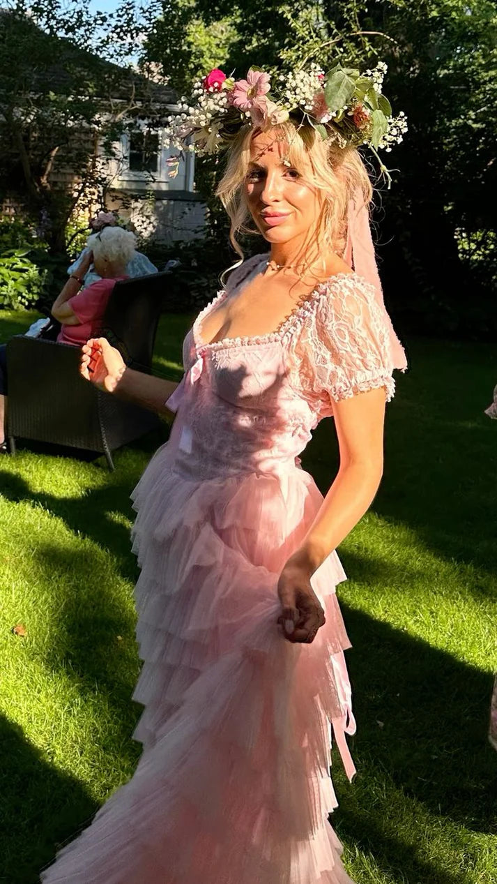 Sweet V Neck Short Sleeves Layered Tulle Lace Pink Long Party Dress