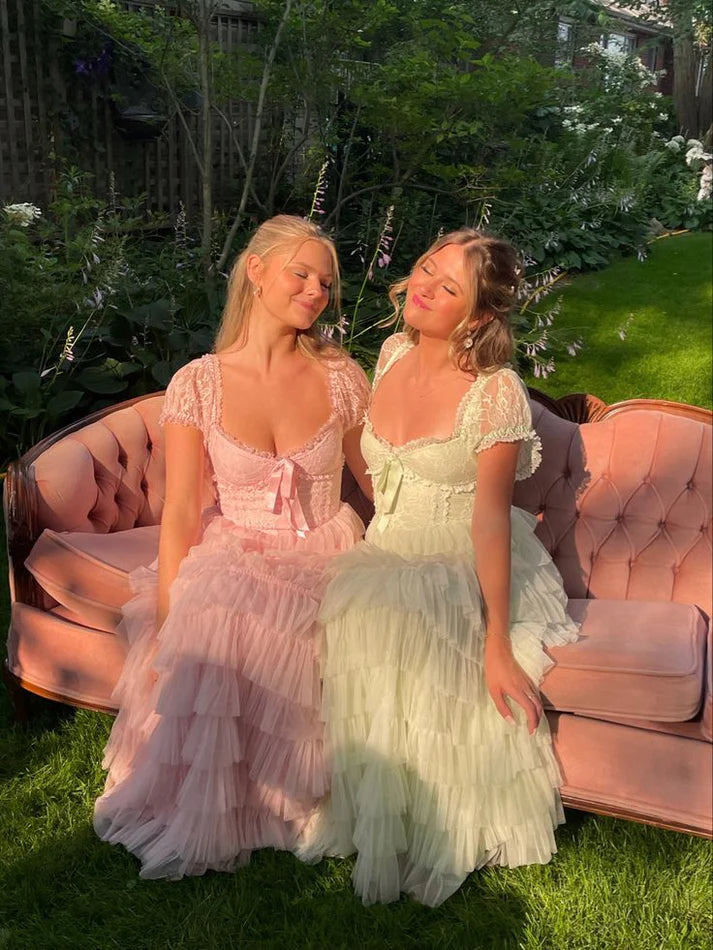 Sweet V Neck Short Sleeves Layered Tulle Lace Pink Long Party Dress