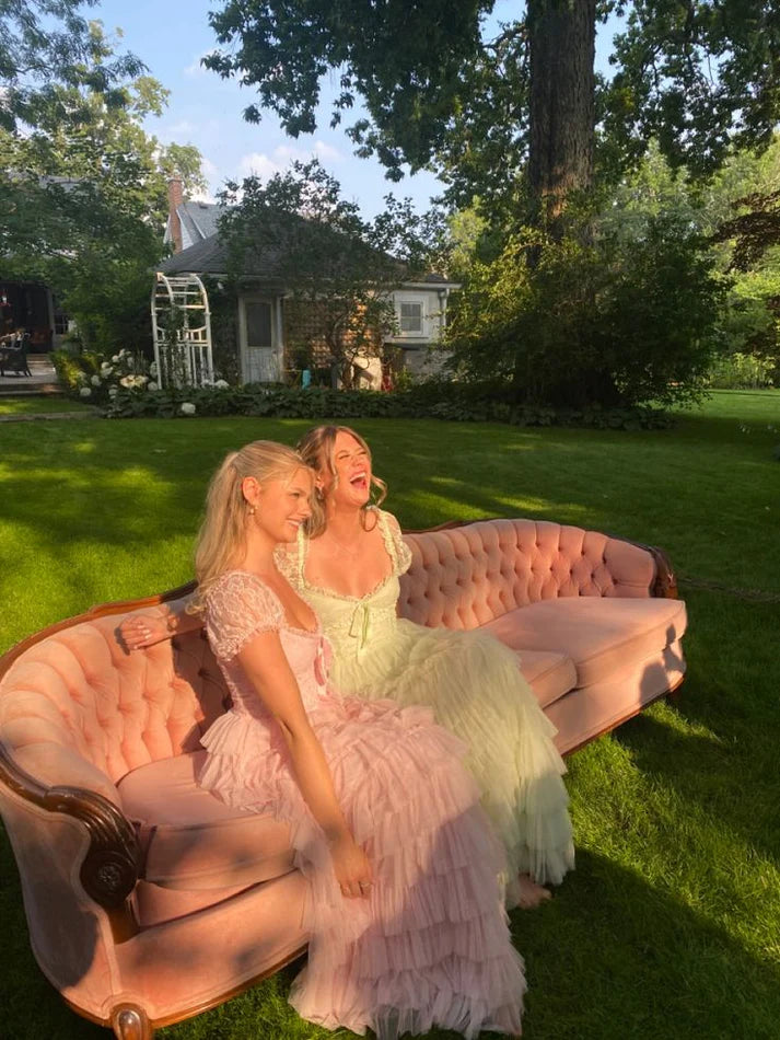 Sweet V Neck Short Sleeves Layered Tulle Lace Pink Long Party Dress