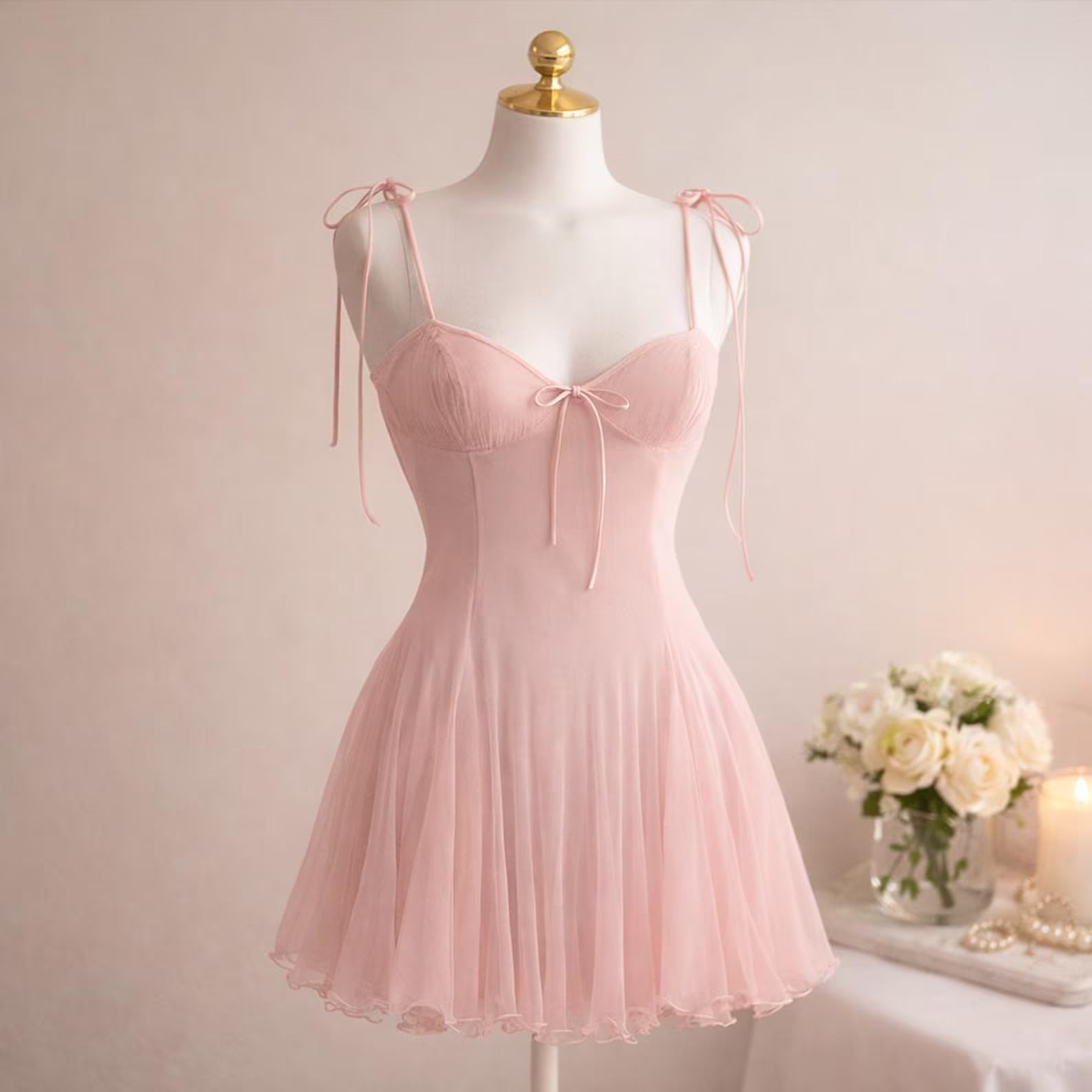 Sweet A-Line Sweetheart Tie-Strap Ruffled Pink Mini Homecoming Dresses