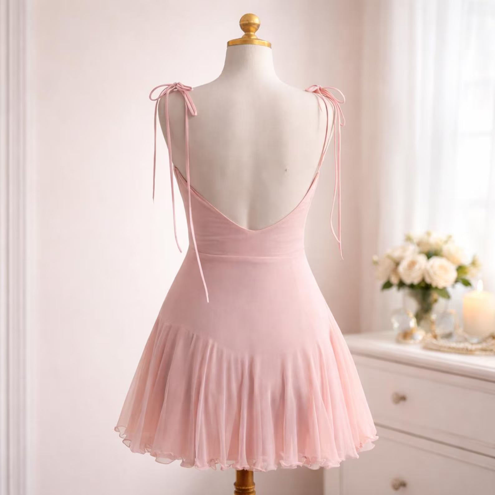 Sweet A-Line Sweetheart Tie-Strap Ruffled Pink Mini Homecoming Dresses