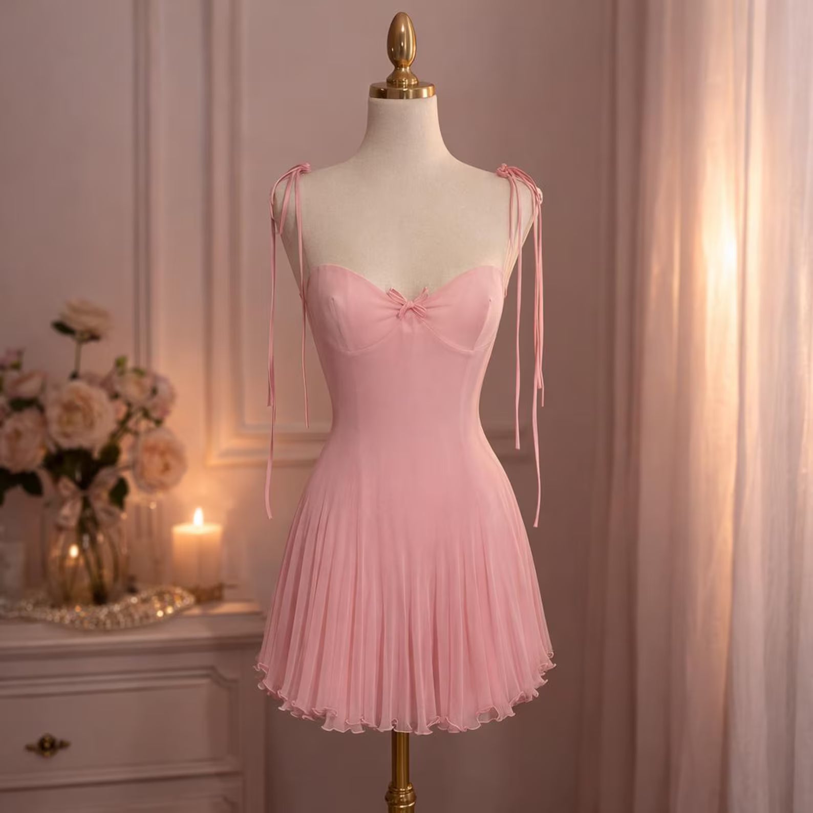 Sweet A-Line Sweetheart Tie-Strap Ruffled Pink Mini Homecoming Dresses