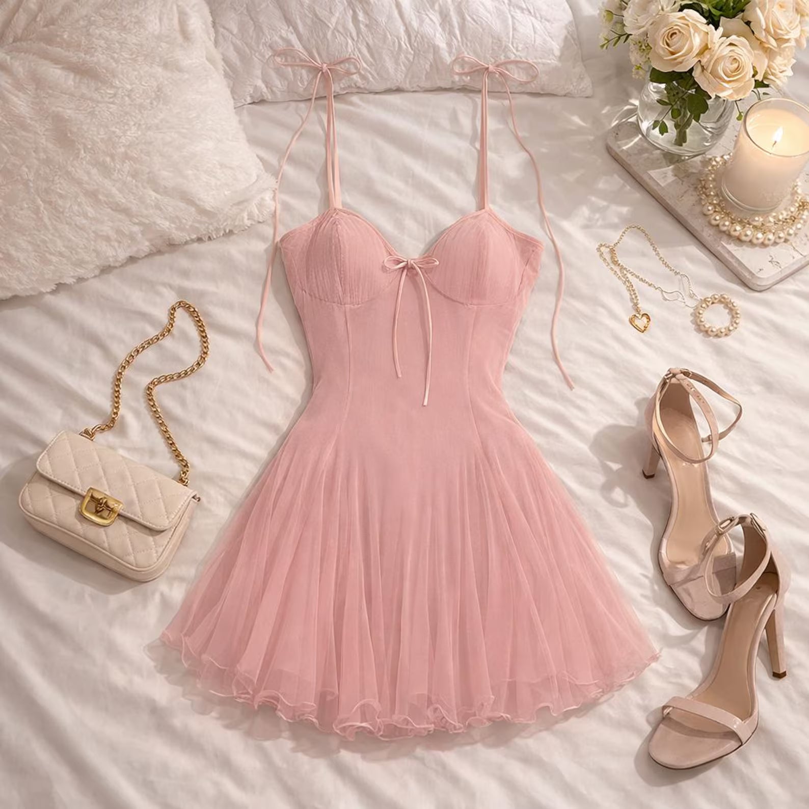 Sweet A-Line Sweetheart Tie-Strap Ruffled Pink Mini Homecoming Dresses