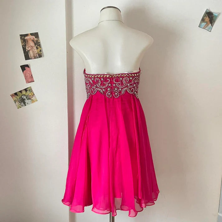 Sweetheart Beaded Rhinestone Chiffon Hot Pink Short Homecoming Dress Party Dress