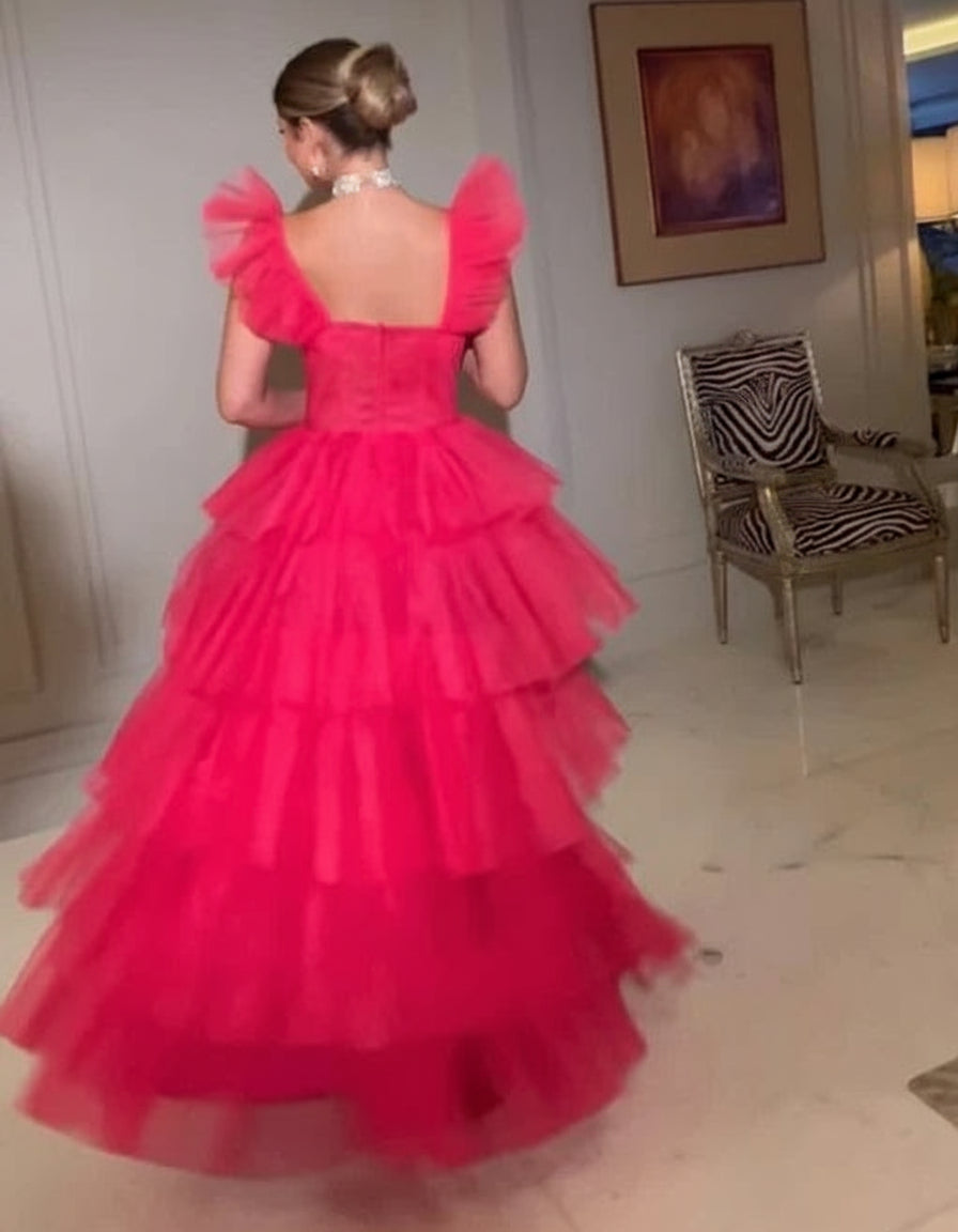 Sweetheart Flying Sleeves Layered Tulle Long Prom Dress Evening Dress