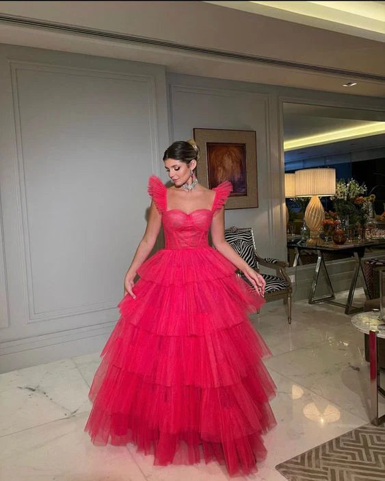 Sweetheart Flying Sleeves Layered Tulle Long Prom Dress Evening Dress