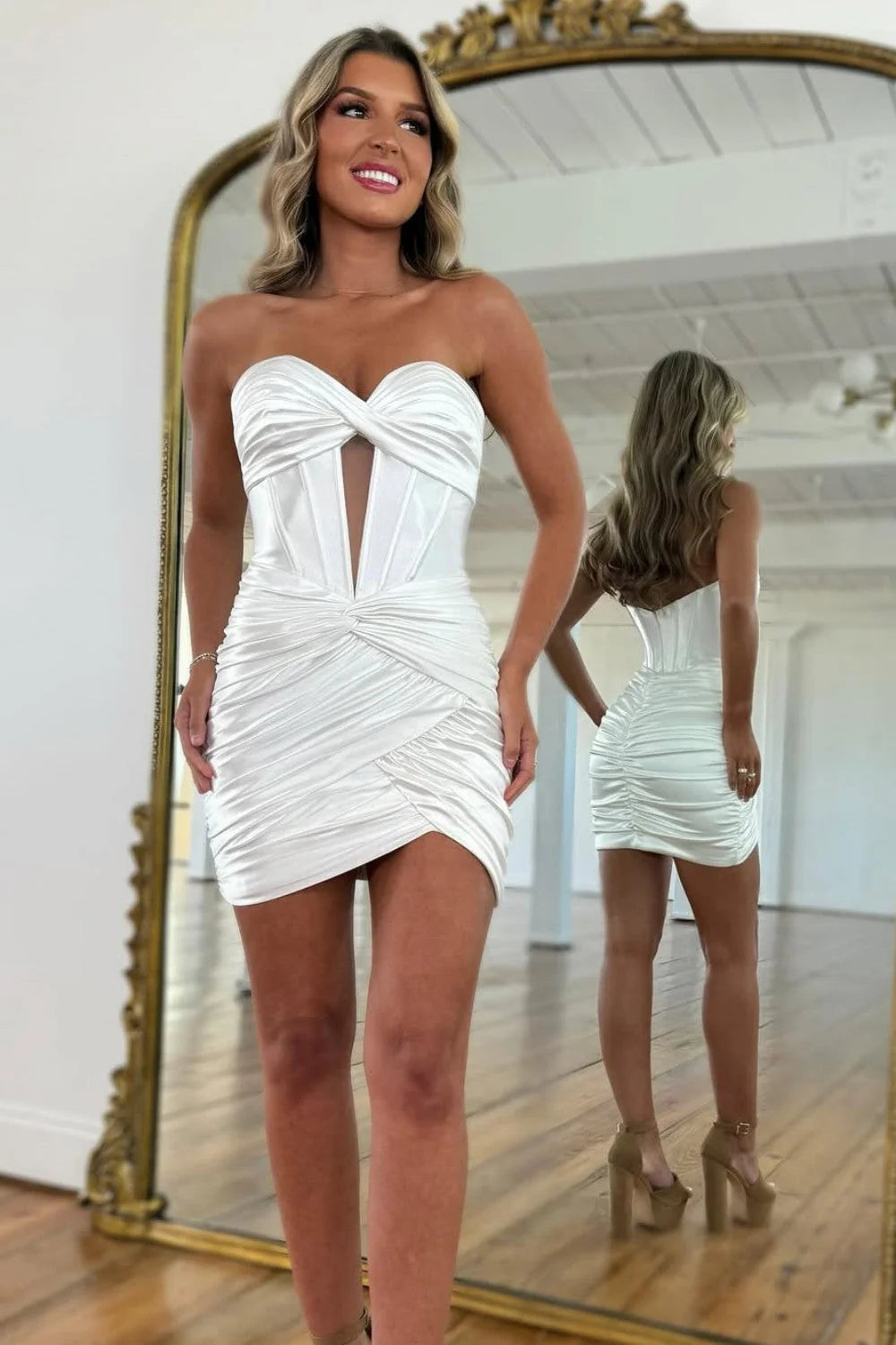 Sweetheart Keyhole Cutout Ruched Tight Satin White Mini Homecoming Dress