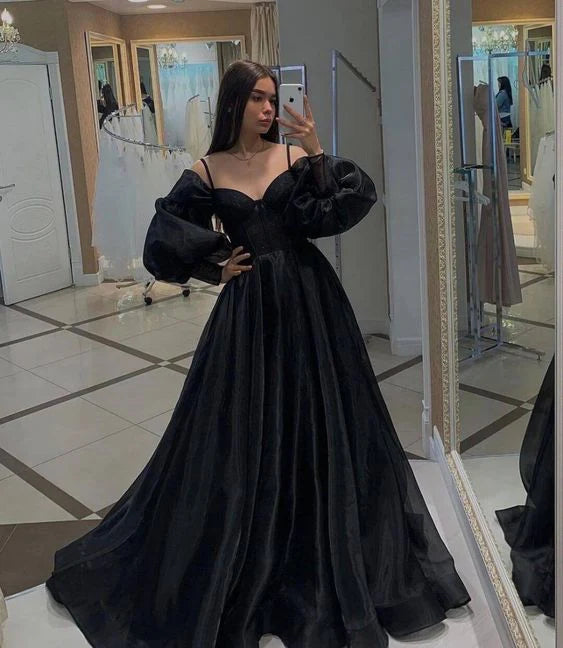 Sweetheart Long Sleeves Organza Black Floor Length Prom Dress Party Dress