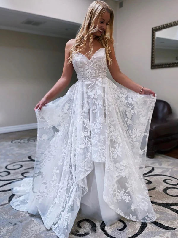 Sweetheart Neck Floral Lace White Long Prom Dress Evening Dress With Train