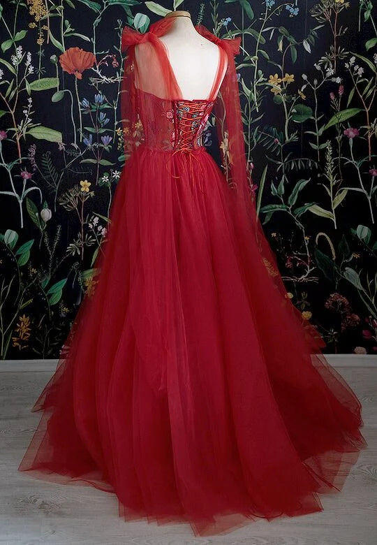 Sweetheart Tie Strap Corset Tulle Red Long Evening Dress Prom Dress