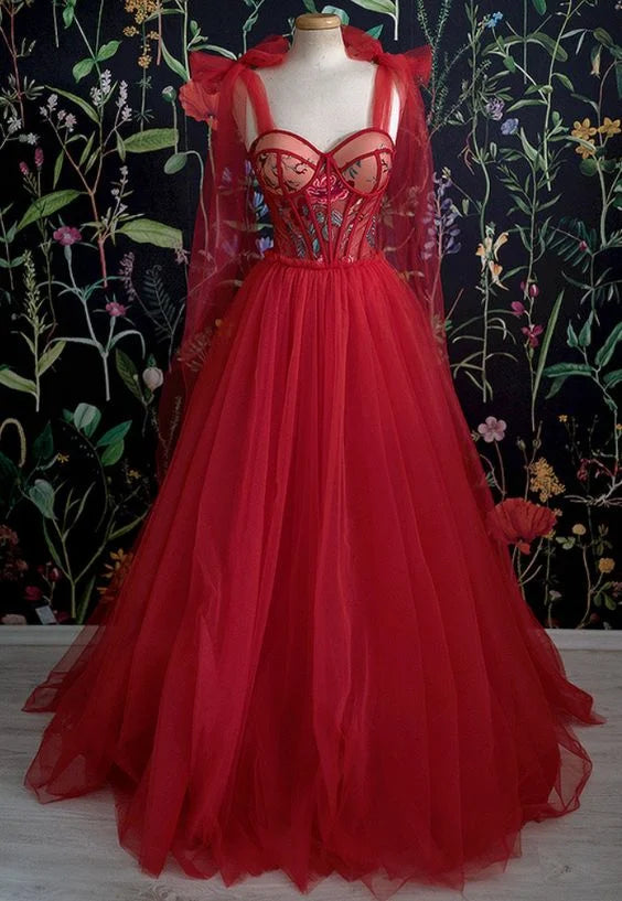 Sweetheart Tie Strap Corset Tulle Red Long Evening Dress Prom Dress