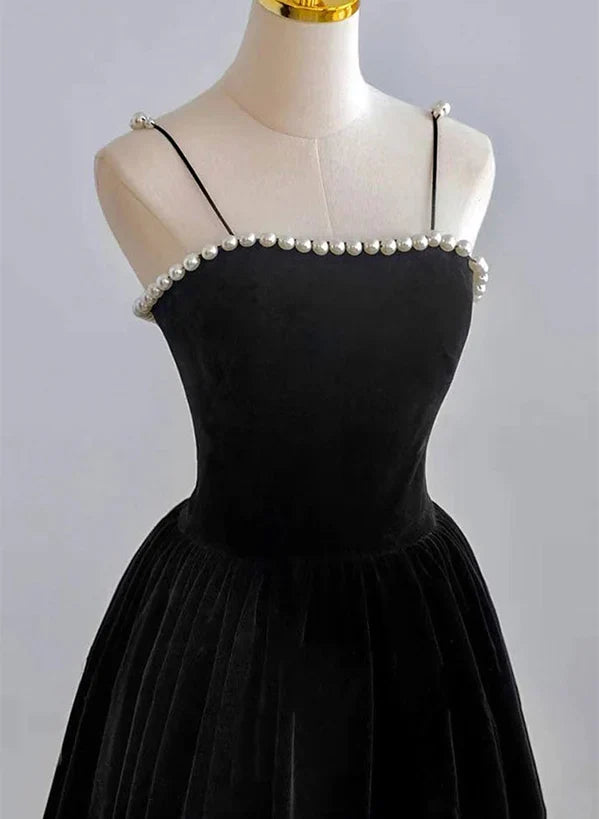 Black Tea Legnth Straps A-line Wedding Party Dress